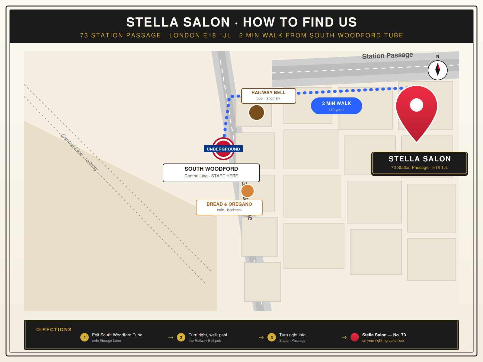 Walking directions from South Woodford station to Stella Salon at 73 Station Passage